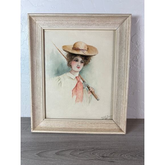 Antique Watercolor Portrait Lady with Hat & Fishing Pole John A. Andresen 1902 - Picture 1 of 6